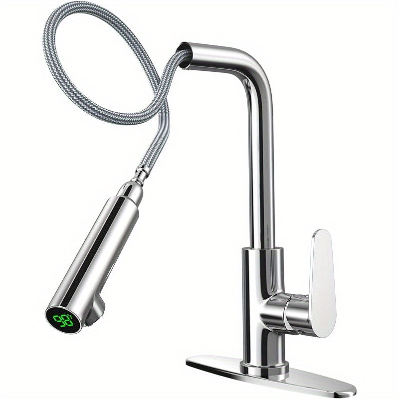 Digital Display PullDown Kitchen Faucet with Sprayer  Silver